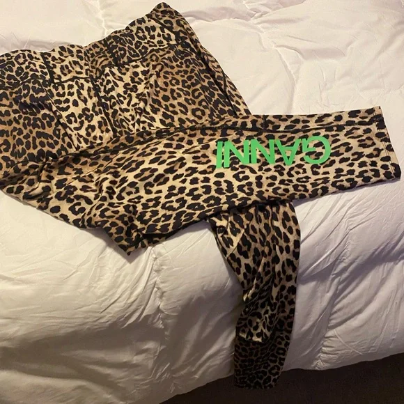 Ganni Leopard Print Leggings with Neon Green Logo - Picture 1 of 6